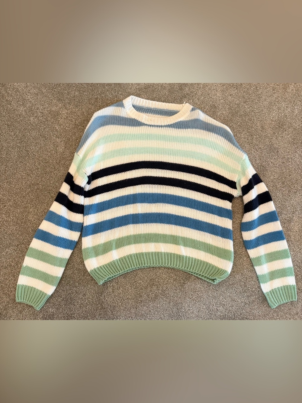 Fun Summer Sweater! Striped Pastel Crewneck Sweater - White Green Blue Sz M